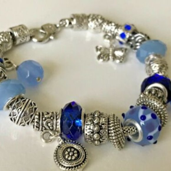 European Style Silver Plated Charm Bracelet with Beads, Lobster Closure, 9" Long - Picture 5 of 12